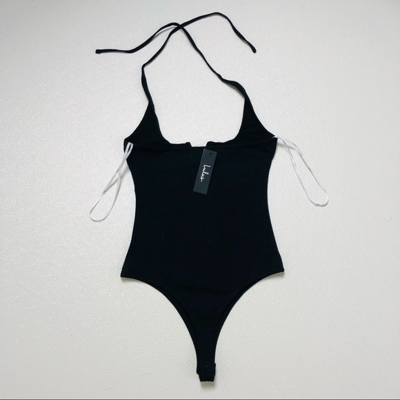 Lulus Ready or Notch Black Halter Bodysuit plunge Neckline stretchy knit body XS - Picture 6 of 11